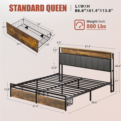 Upholstered Platform Bed Frame With Storage Drawers, USB Ports, LED Lights