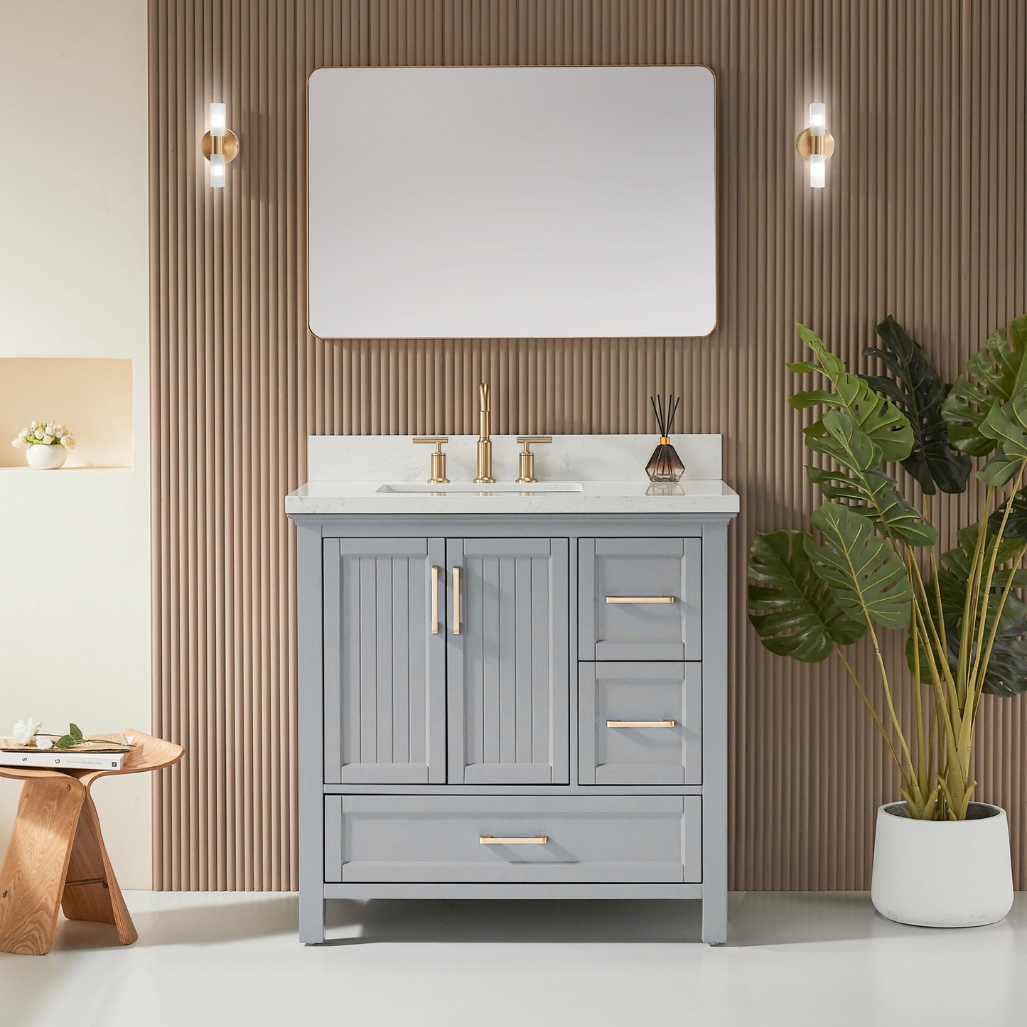 Fully Assembled Freestanding Single Sink Bathroom Vanity With 2 Handles Sets - Gray