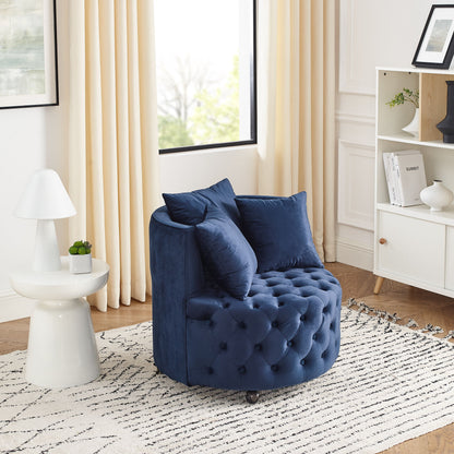 Modern Upholstered Swivel Chair With Button Tufted Design And Movable Wheels