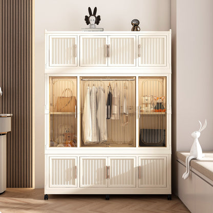 Portable Wardrobe Closet Storage Organizer With 12 Magnetic Doors, 12 Cubes & Hanging Rod - White