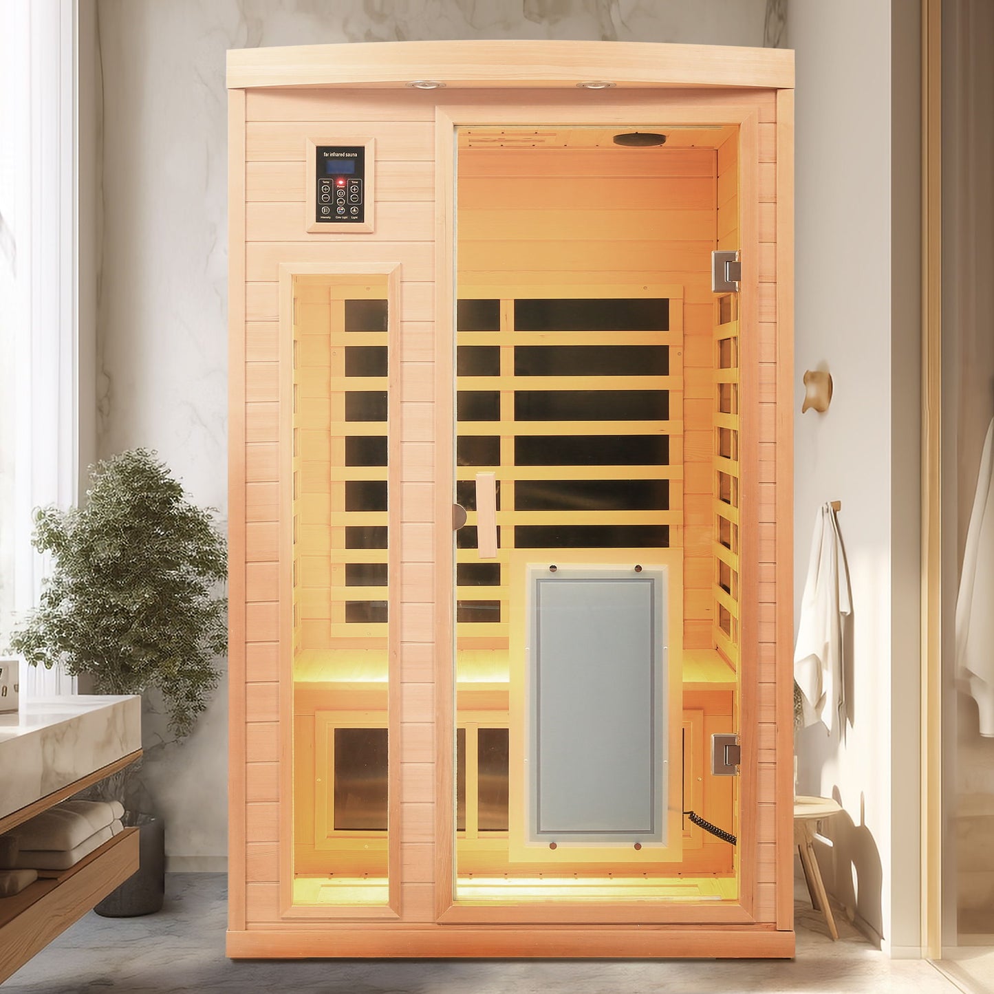 Low Emf Front Door With Heating Panel 2 Person Hemlock Far Infrared Indoor Suana Room - Natural