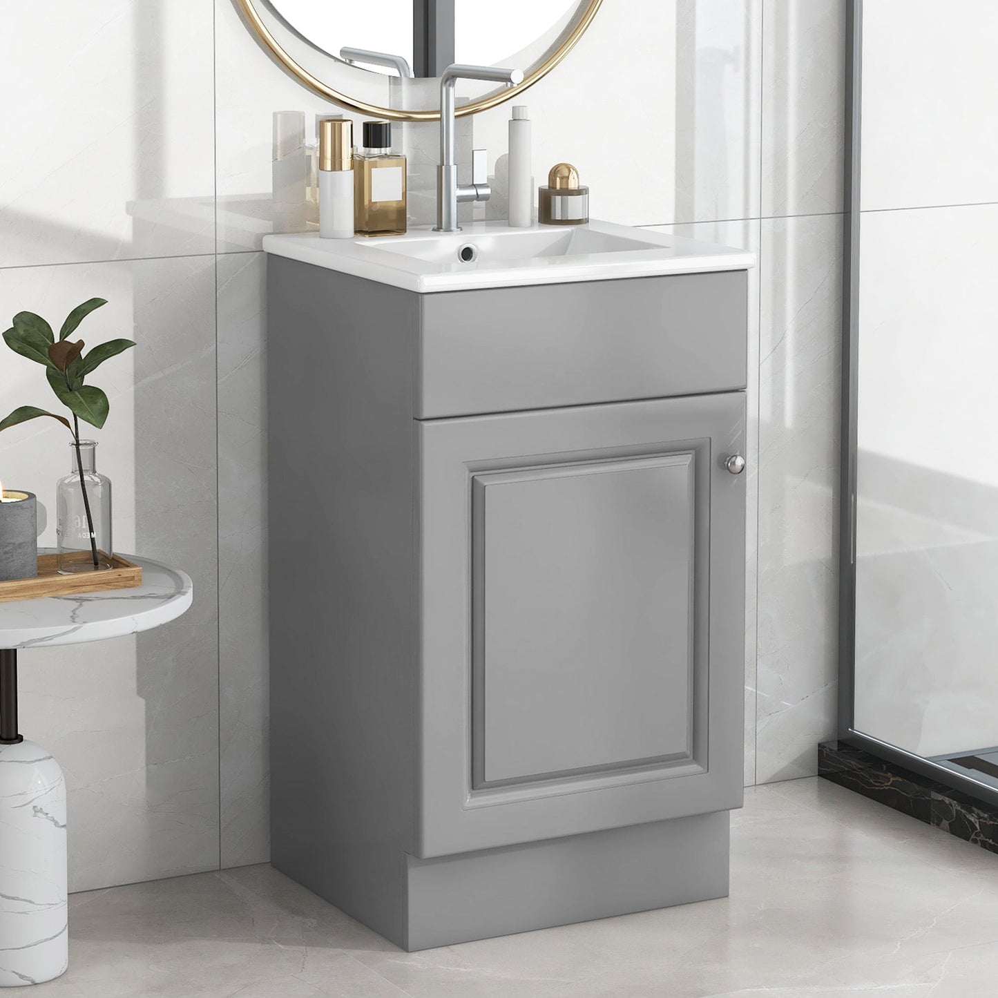 Bathroom Vanity With Sink, Vanity Cabinet With Door Shelf And Adjustable Shelf - Gray