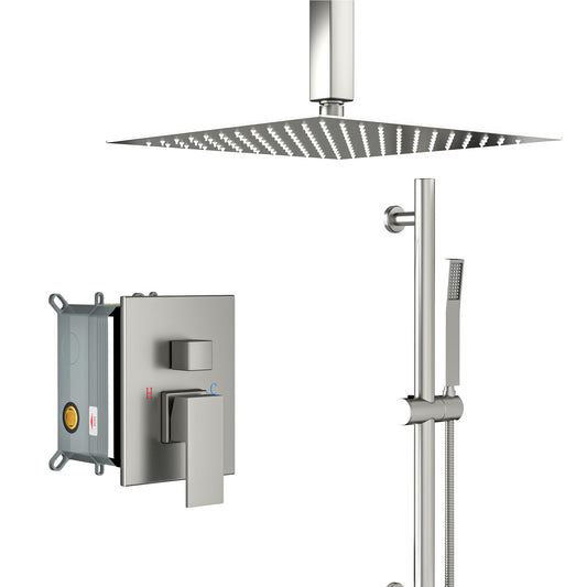 Ceiling Mounted Square Shower System With Adjustable Slide Bar, 16" Rainfall Shower With Handheld - Brushed Nickel