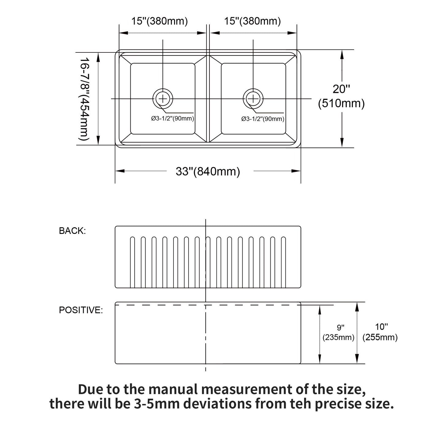 Farmhouse Sink Workstation 33" Ceramic Double Bowl Kitchen Sink With Ledges - White