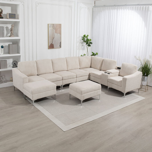Convertible Sectional Corduroy Sofa With Storage Ottoman, Cupholders, USB Ports