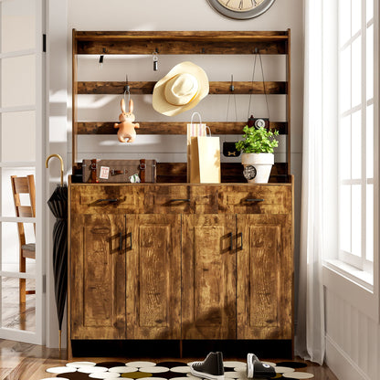 Minimalist 4 Door Shoe Cabinet With Coat Rack, 3 Drawers, 8 Shelves, Metal Hooks And Handles