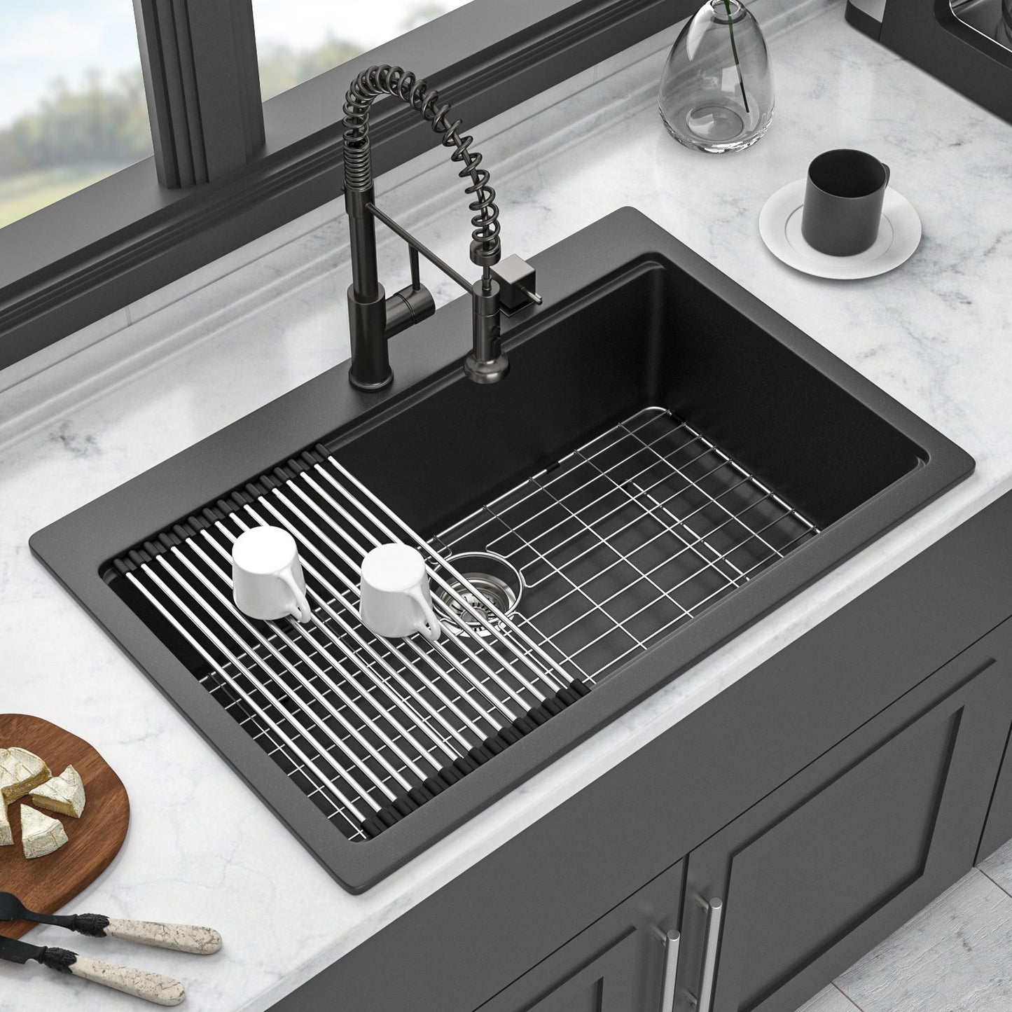 Granite Composite Quartz Kitchen Sink With Workstation Features And Drop In Design