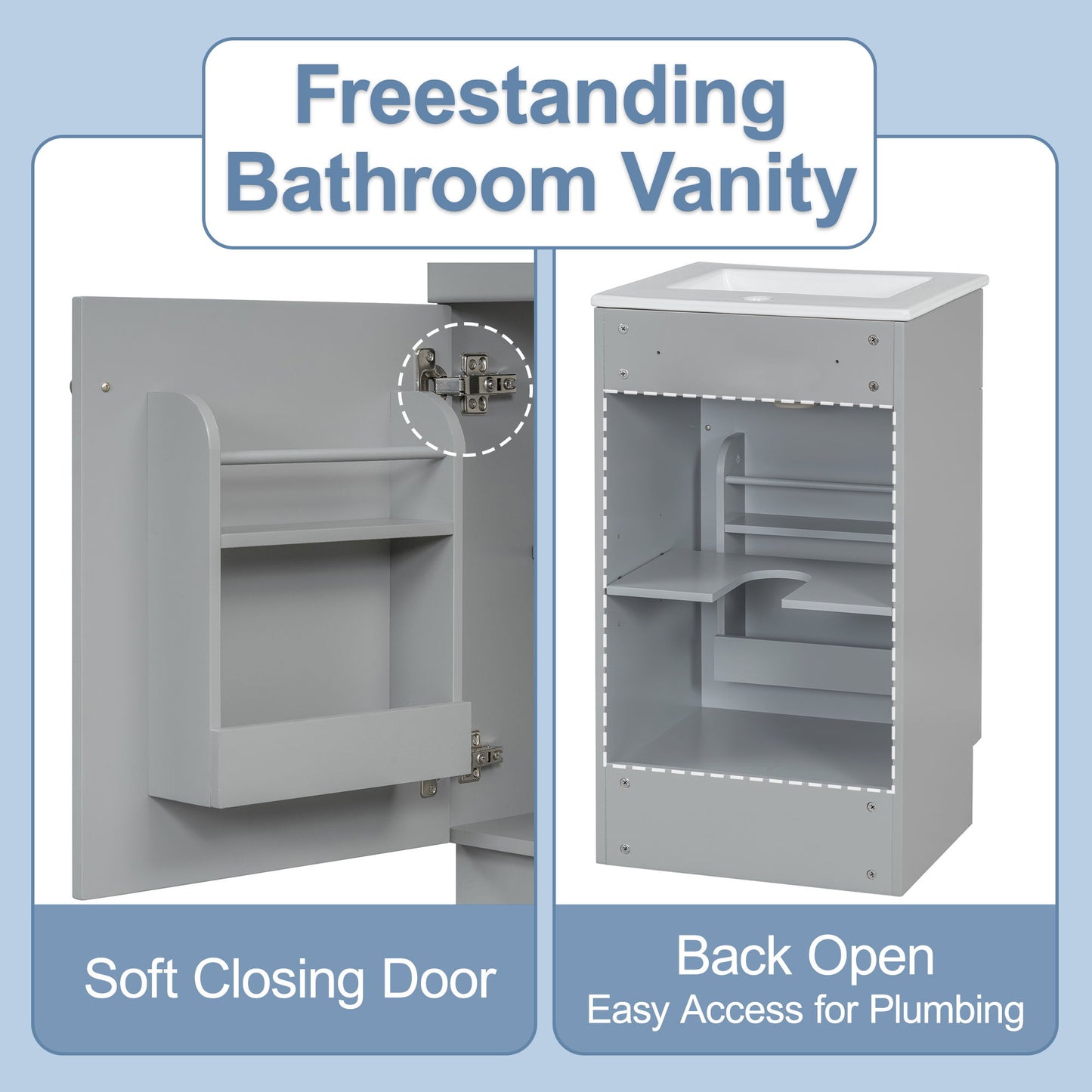 Bathroom Vanity With Sink, Vanity Cabinet With Door Shelf And Adjustable Shelf - Gray