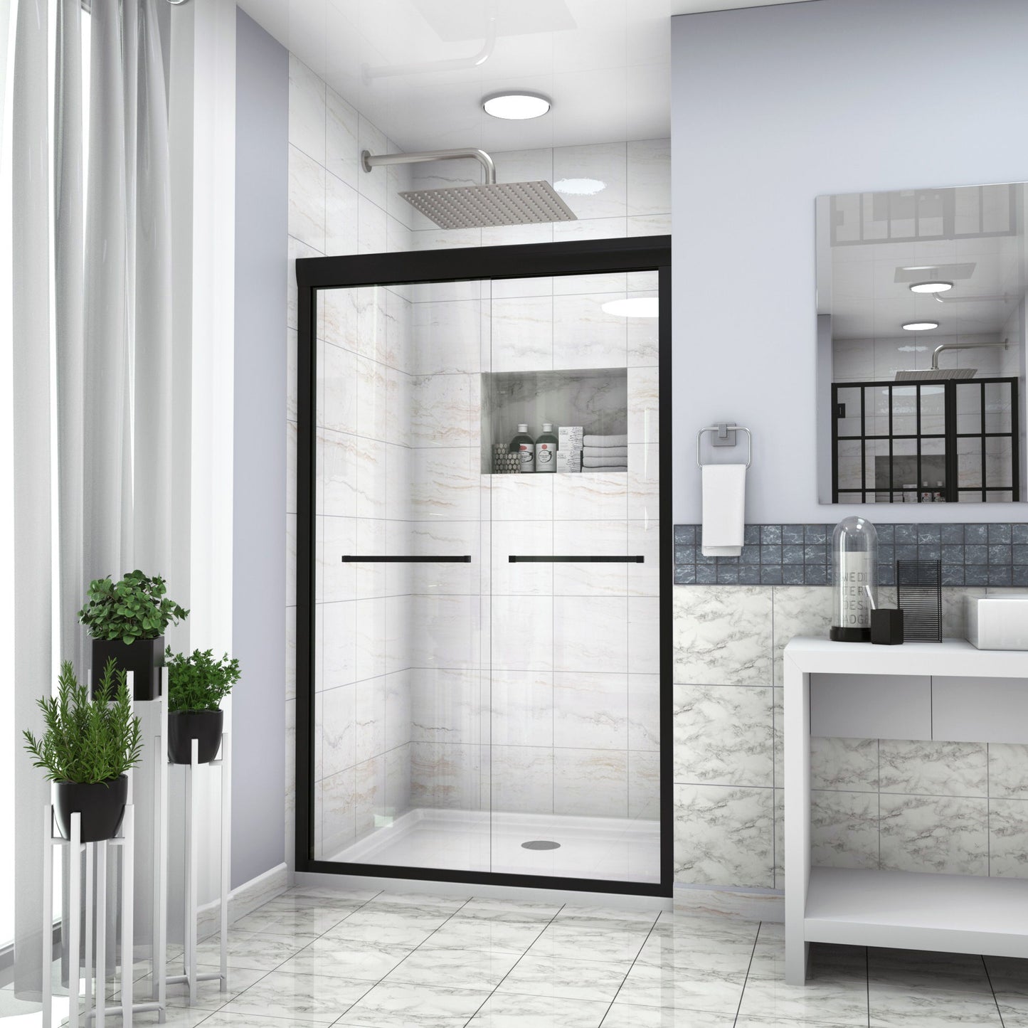 Modern Double Sliding Shower Enclosure, Tempered Glass