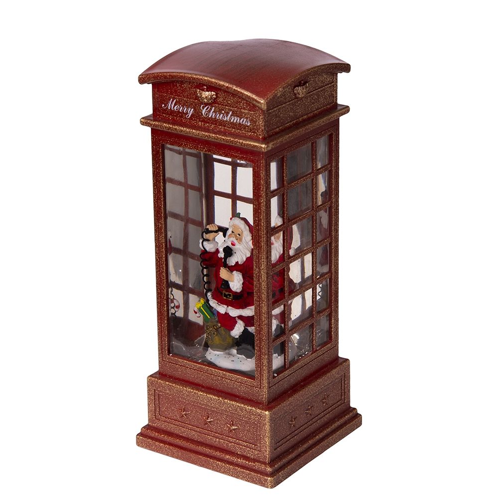 Christmas Lighted Water Spinning Phone Booth With Santa On Phone, 3*AA Batteries Required - White / Red