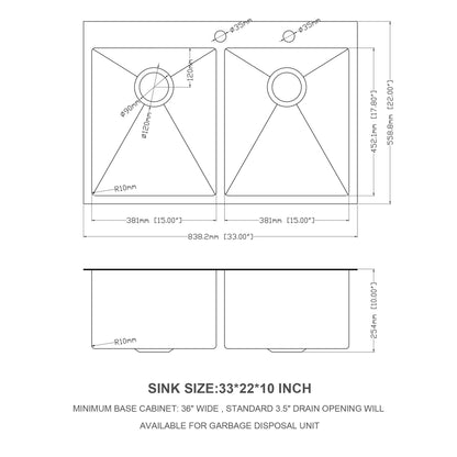 Double Bowl Drop In Kitchen Sink 33" X 22" With 16 Gauge Stainless Steel And 2 10" Deep Basins - Gunmetal Black