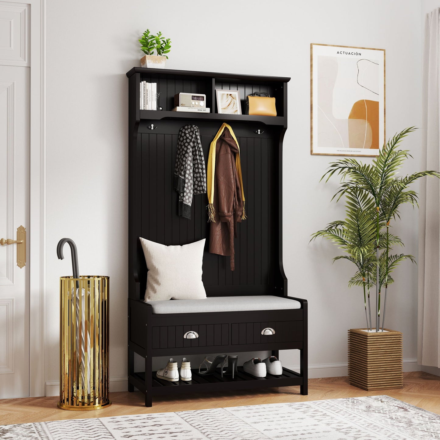 Modern 3 In 1 Hallway Hall Tree With Storage Drawers, Coat Rack, Shoe Rack Bench And Cushion