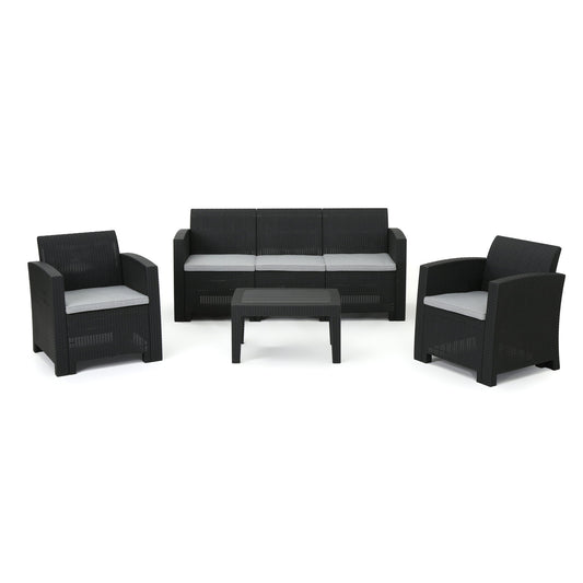 Velvora - Outdoor Wicker Set With 3 Seater Sofa, 2 Club Chairs, Coffee Table And Cushions - Brown