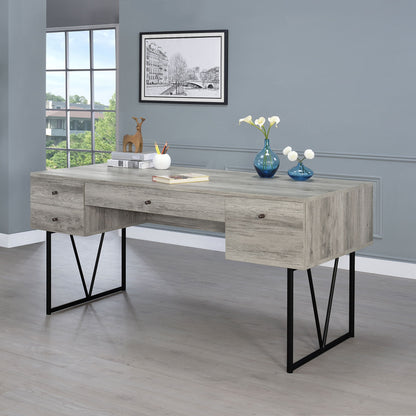Rustic Industrial Charm Writing Desk With 4 Drawers And Open Shelf