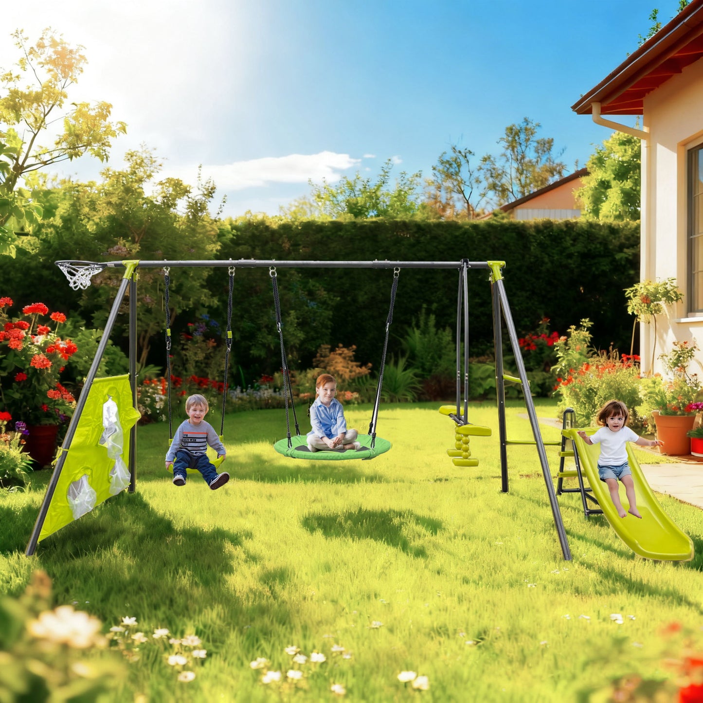 Interesting Six Function Swingset With Net Swing Metal Plastic Safe Swing Set 440Lbs For Outdoor Playground For Age 3+ With 31.5" Net Swing - Gray / Blue