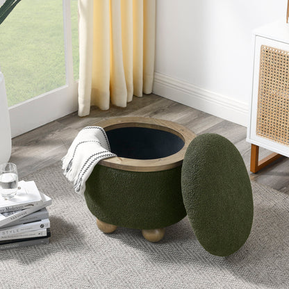 Modern Round Storage Ottoman With Cushioned Seat And Storage Space Dark Loop Yarn Small Size - Green