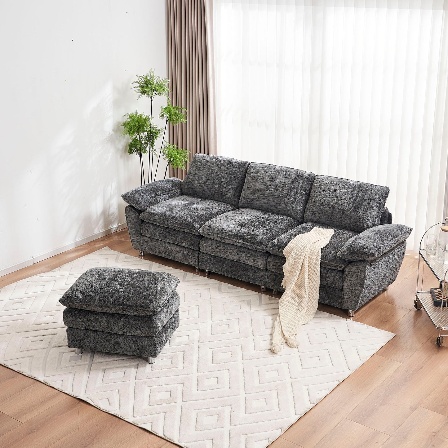 Modern Deep 3 Seat Sofa Couch With Ottoman, Comfy Upholstered Furniture