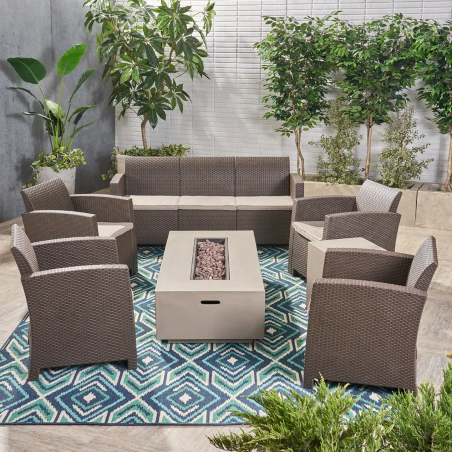 Outdoor Faux Wicker Rattan Style Chat Set With Water Resistant Cushions, 5 Pieces Set - Brown / Mix Beige