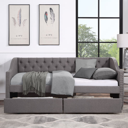 Twin Size Upholstered Daybed With Two Drawers, Slat Support - Gray