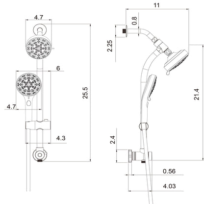 Multi Function Dual Shower Head System With 4.7" Rain Showerhead, 8 Function Hand Shower, Adjustable Slide Bar