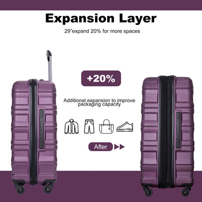Expandable 3 Piece Luggage Sets Pc Lightweight & Durable Suitcase With Two Hooks, Spinner Wheels, Tsa Lock, (21/25/29) - Dark Purple
