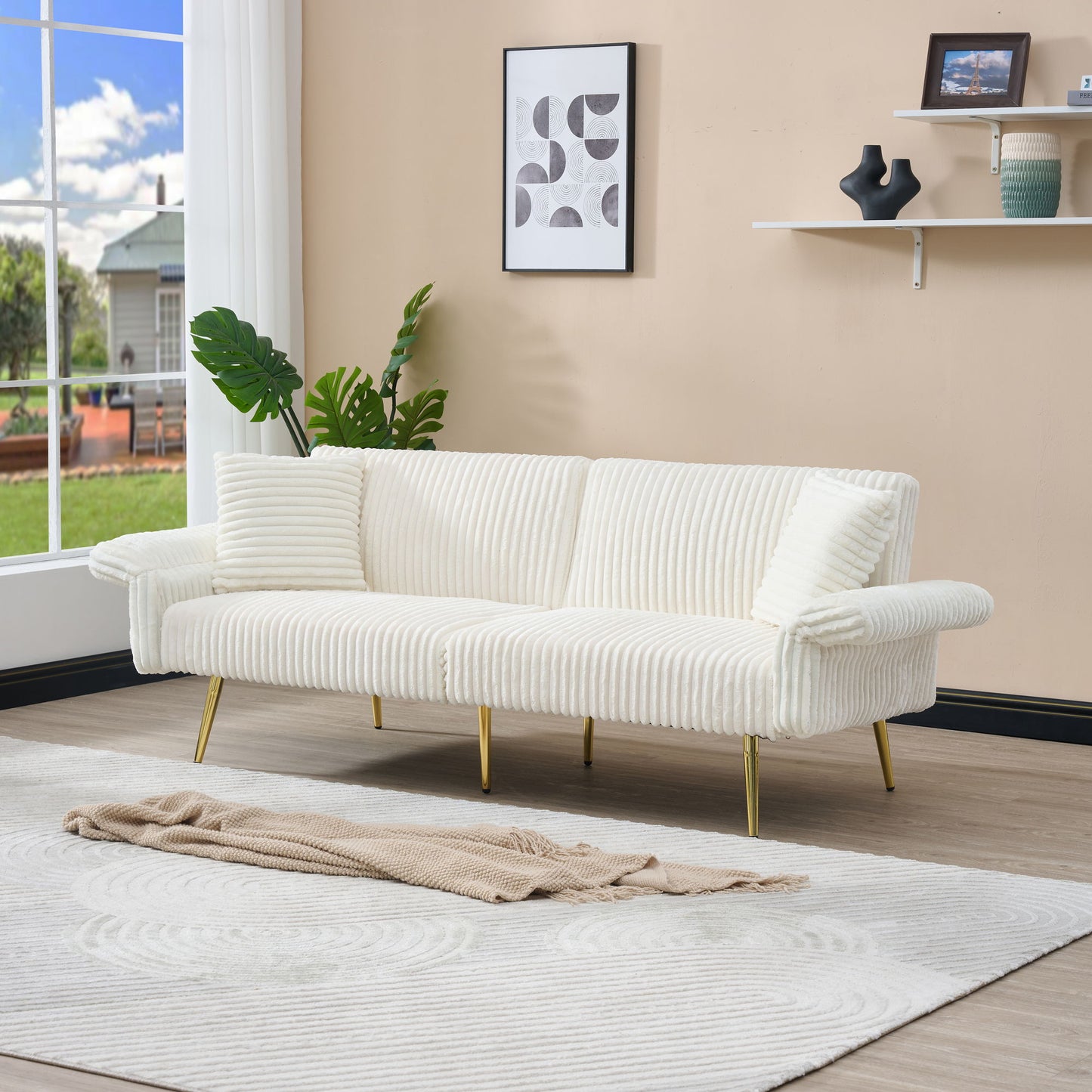 Luxury Corduroy Foldable Double Sofa Bed With Folding Armrests