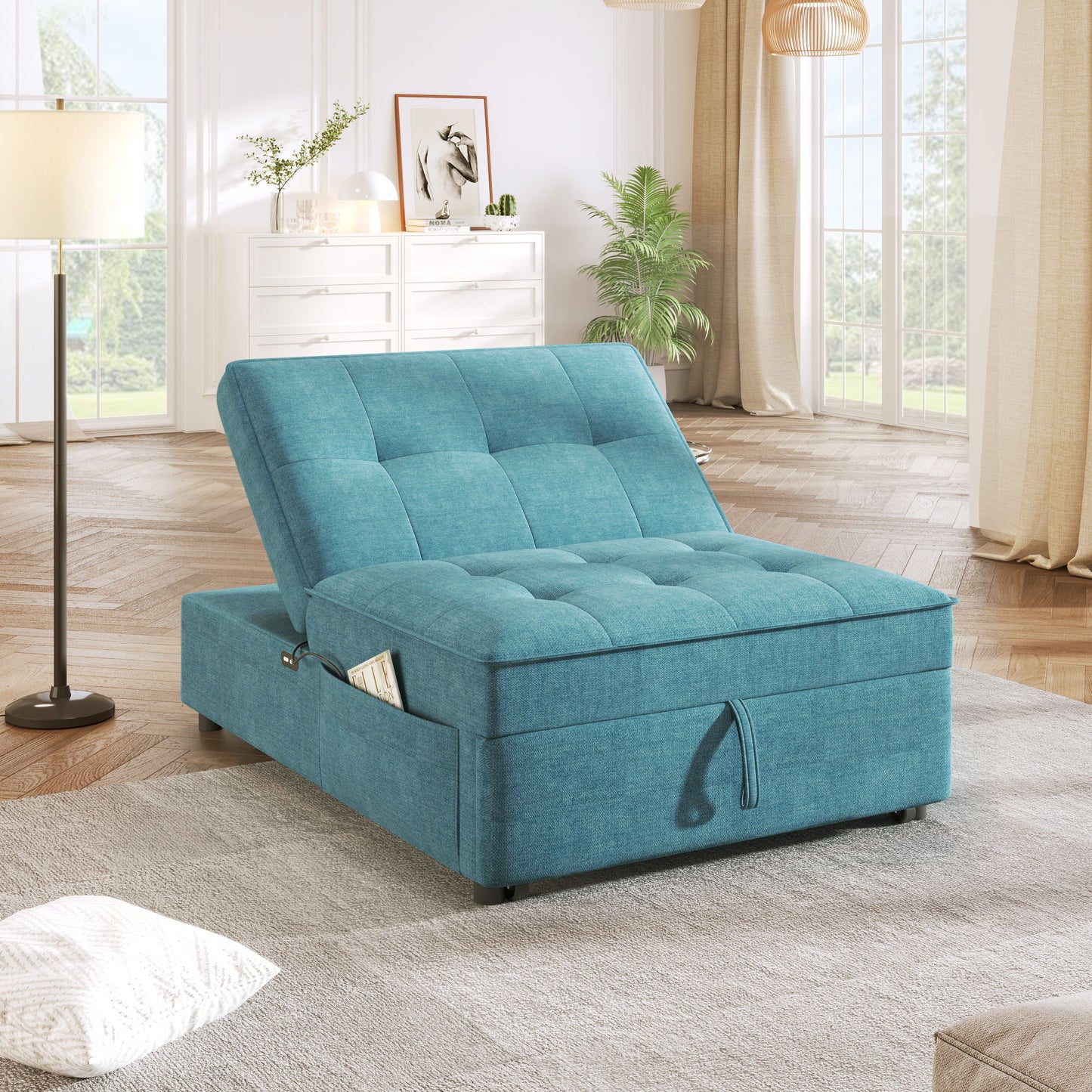 4 In 1 Sofa Bed, Multi Function Folding Ottoman Bed With Storage Pocket And USB Port For Small Room Apartment
