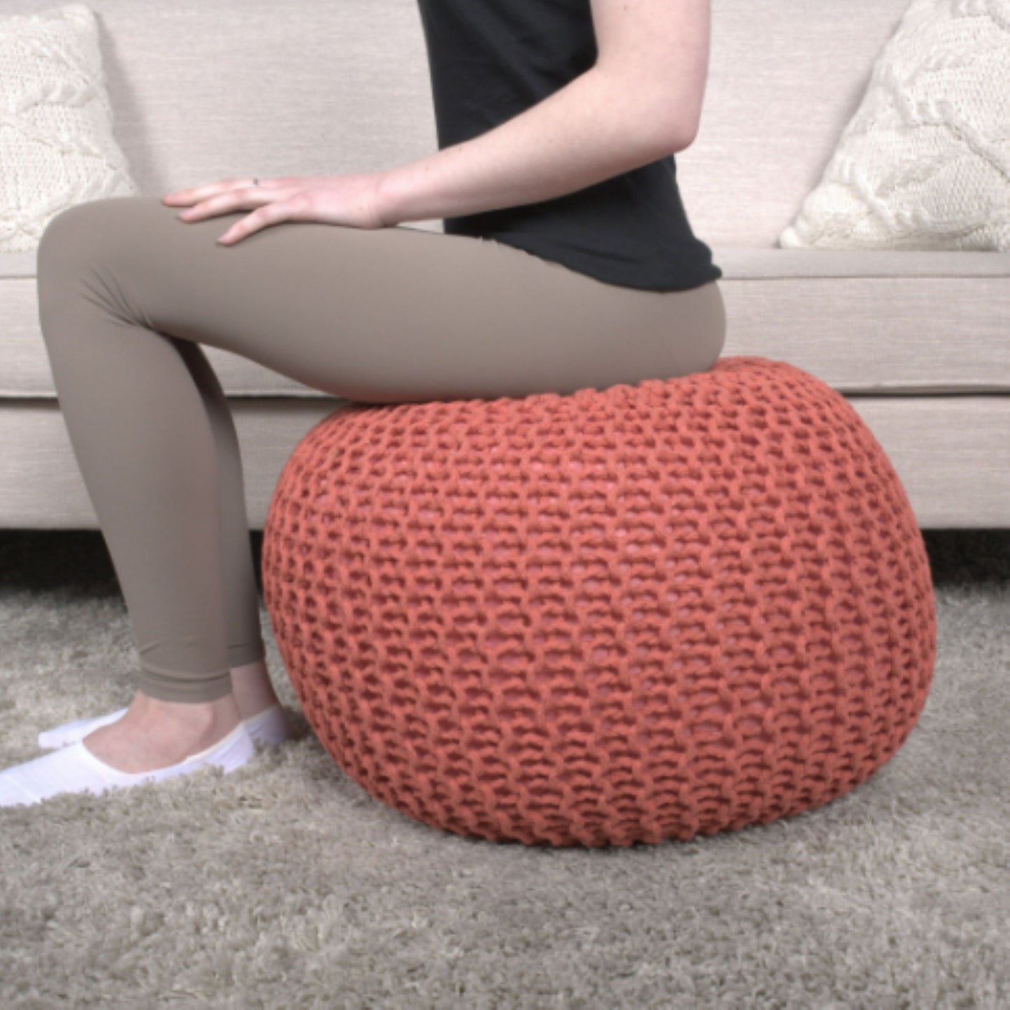 Bordeaux - Knitted Cotton Round Pouf Ottoman, Floor Cushion