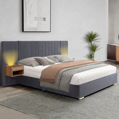 Upholstered Bed Frame Of Velvet Tufted Headboard With Floating Nightstand LED / USB Built