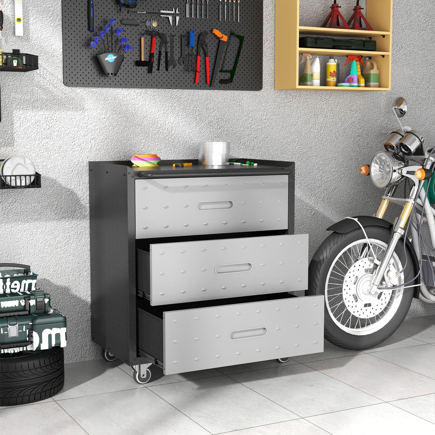 Heavy Duty Metal Storage Cabinet With Wheels 3 Drawer Tool Cabinet For Garage, Office, And Home Organizer Solutions