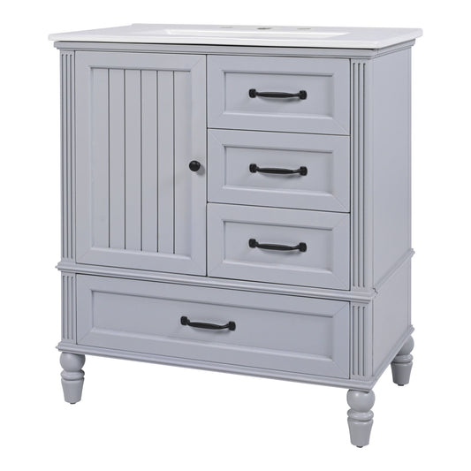 30" Bathroom Vanity With Sink, Bathroom Cabinet With A Door, 3 Drawers Legs, Adiustable Foot Pads - Gray