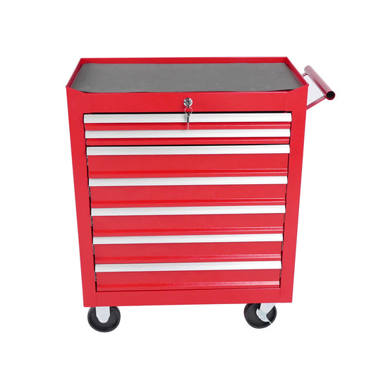 Red 7 Drawer Metal Rolling Tool Chest With Locking System And Wheels, Steel Construction - Red
