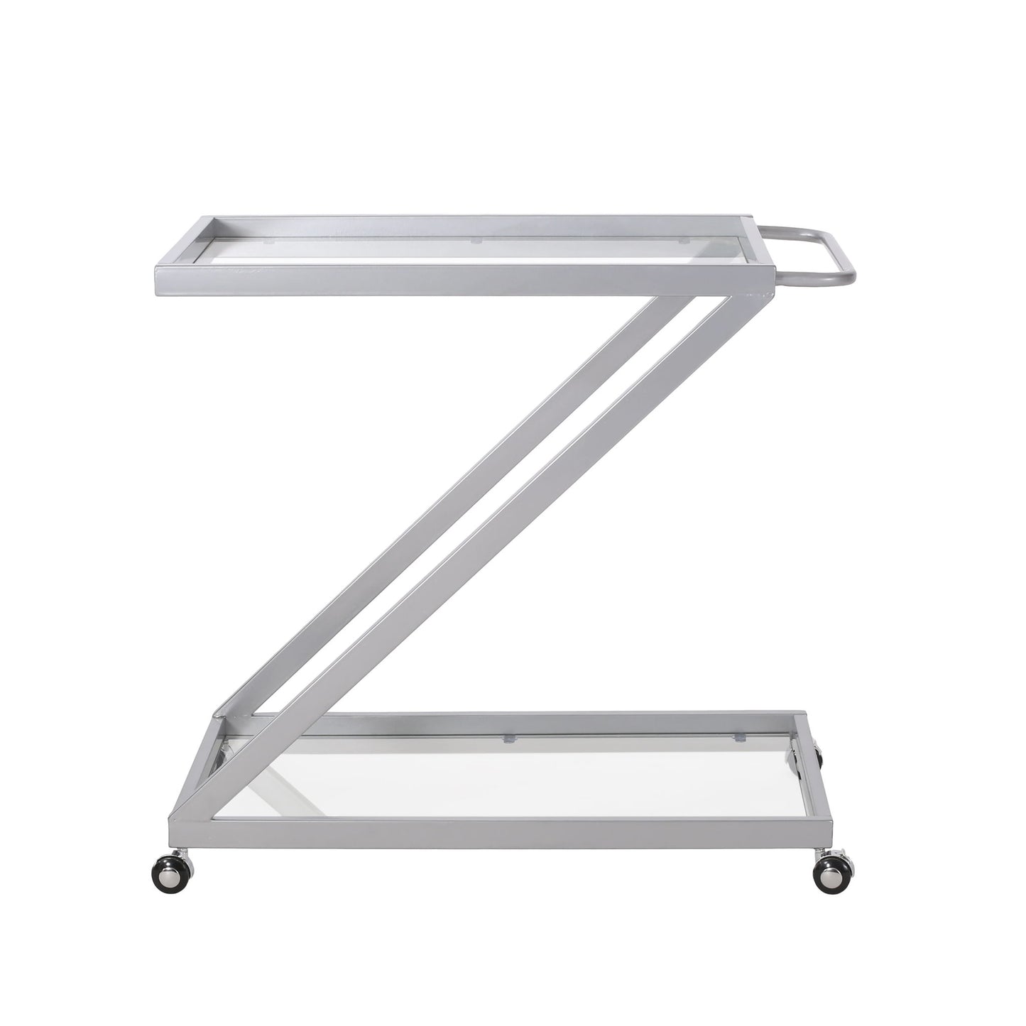 Modern Z Shaped Bar Cart With Tempered Glass Shelves - Silver