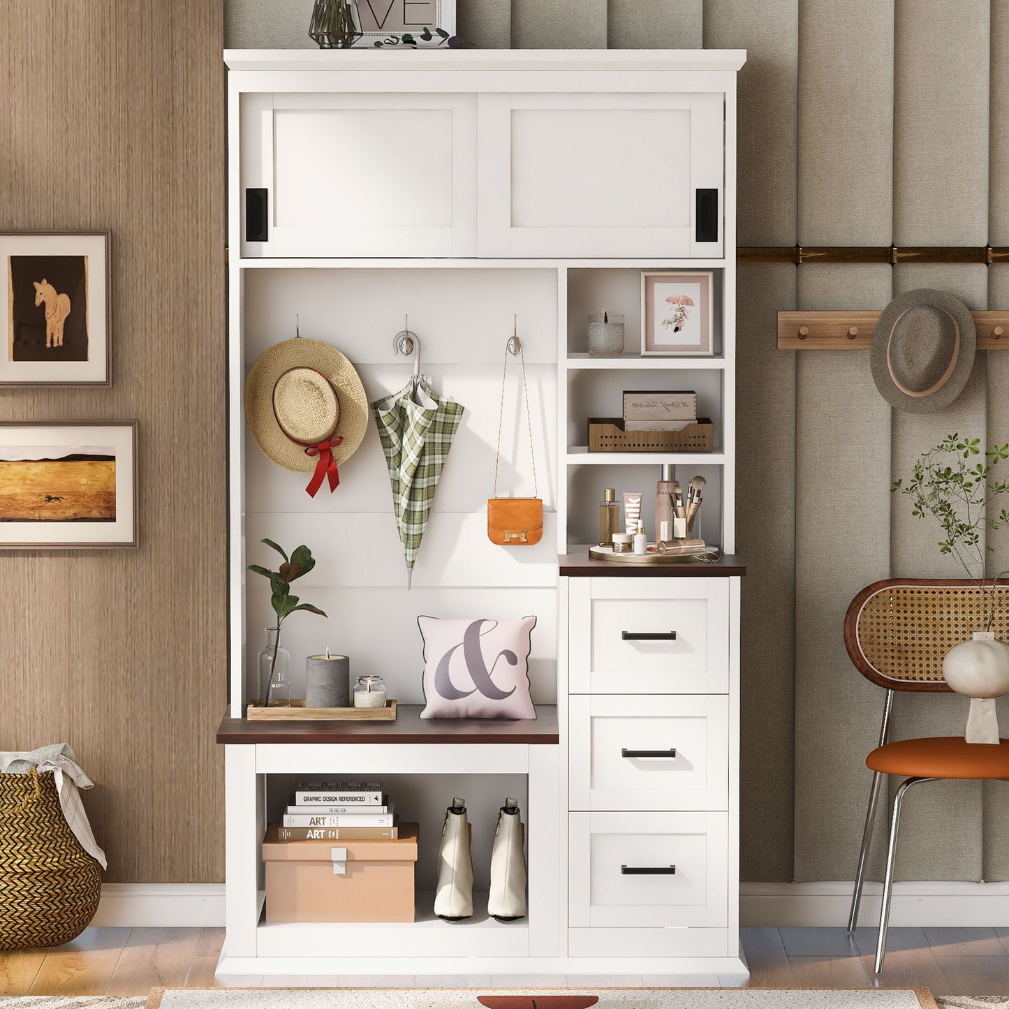 Modern Wide Hall Tree With Coat Rack, 3 Shelves And Drawers, 3 Sturdy Hooks