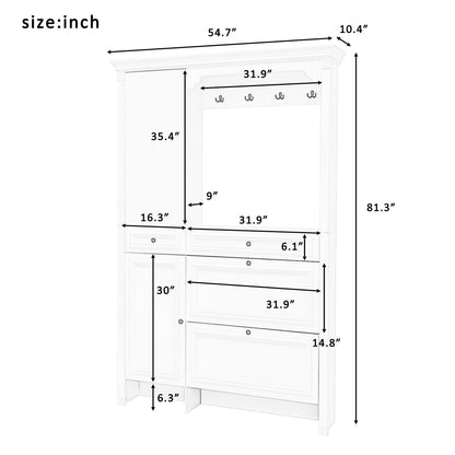Hall Tree With Integrated Shoe Cabinet And Mirrored Cabinet Door, Coat Hanger, Entryway Bench, 4 In 1 Design, 2 Flip Drawers, 4 Hooks And 2 Cabinets For Entrance, Living Room - White