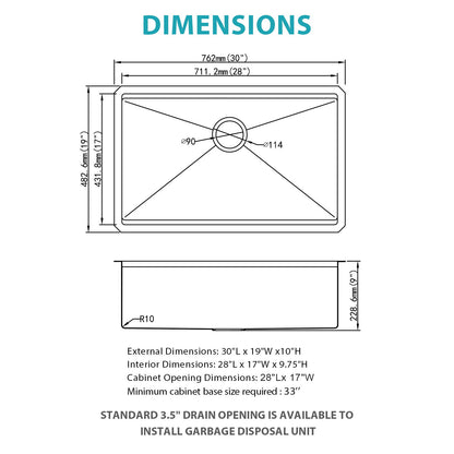 Gold Undermount Kitchen Sink 30" X 19" X 10" Stainless Steel 16 Gauge Deep Single Bowl With Workstation Ledges