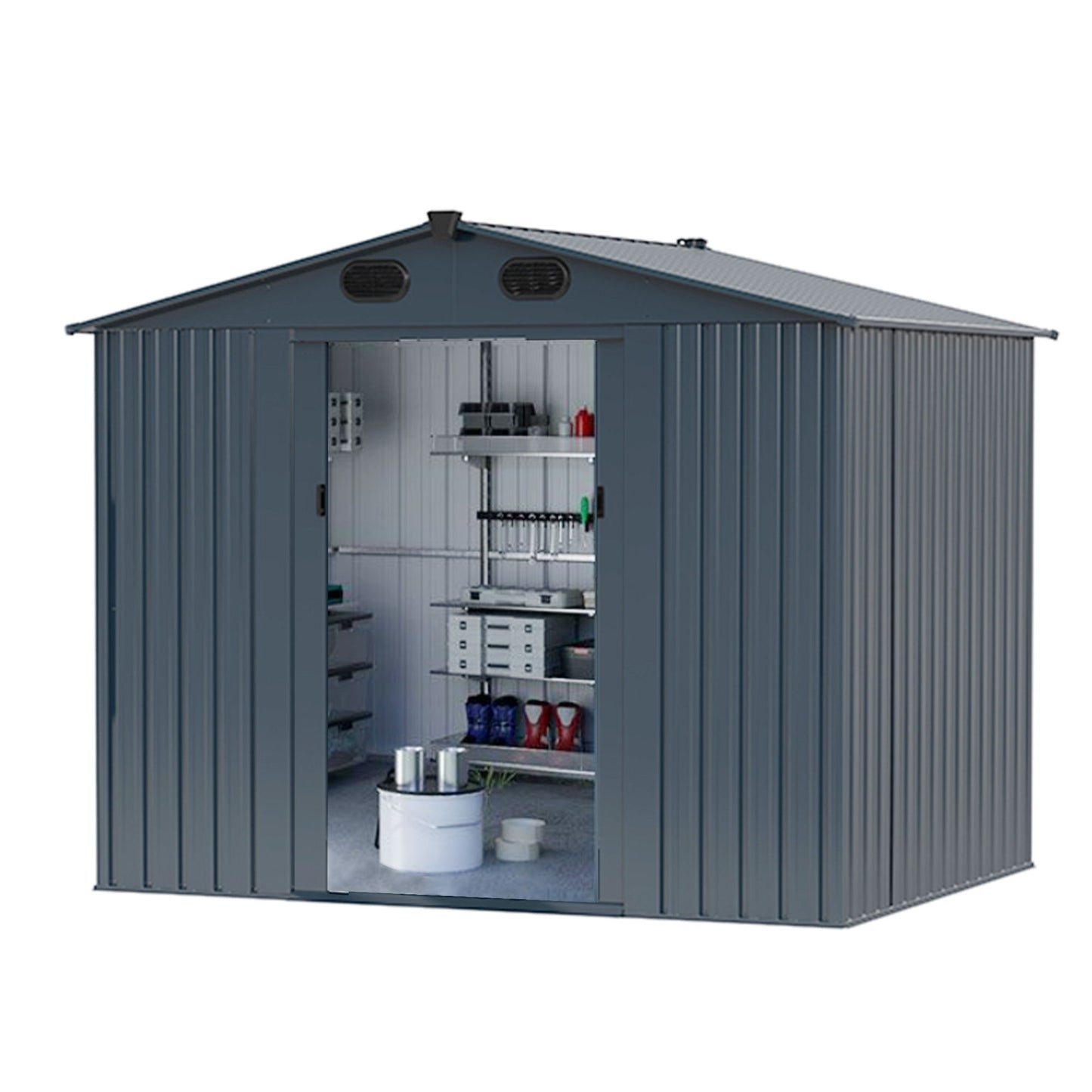 Outdoor Storage Shed, Galvanized Steel Garden Shed With 4 Vents & Double Sliding Door