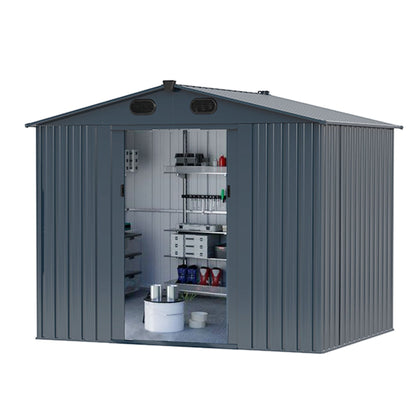 Outdoor Storage Shed, Galvanized Steel Garden Shed With 4 Vents & Double Sliding Door