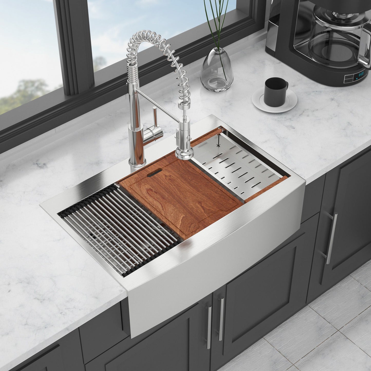 Modern Farmhouse, Drop In Workstation Kitchen Sink With Apron Front
