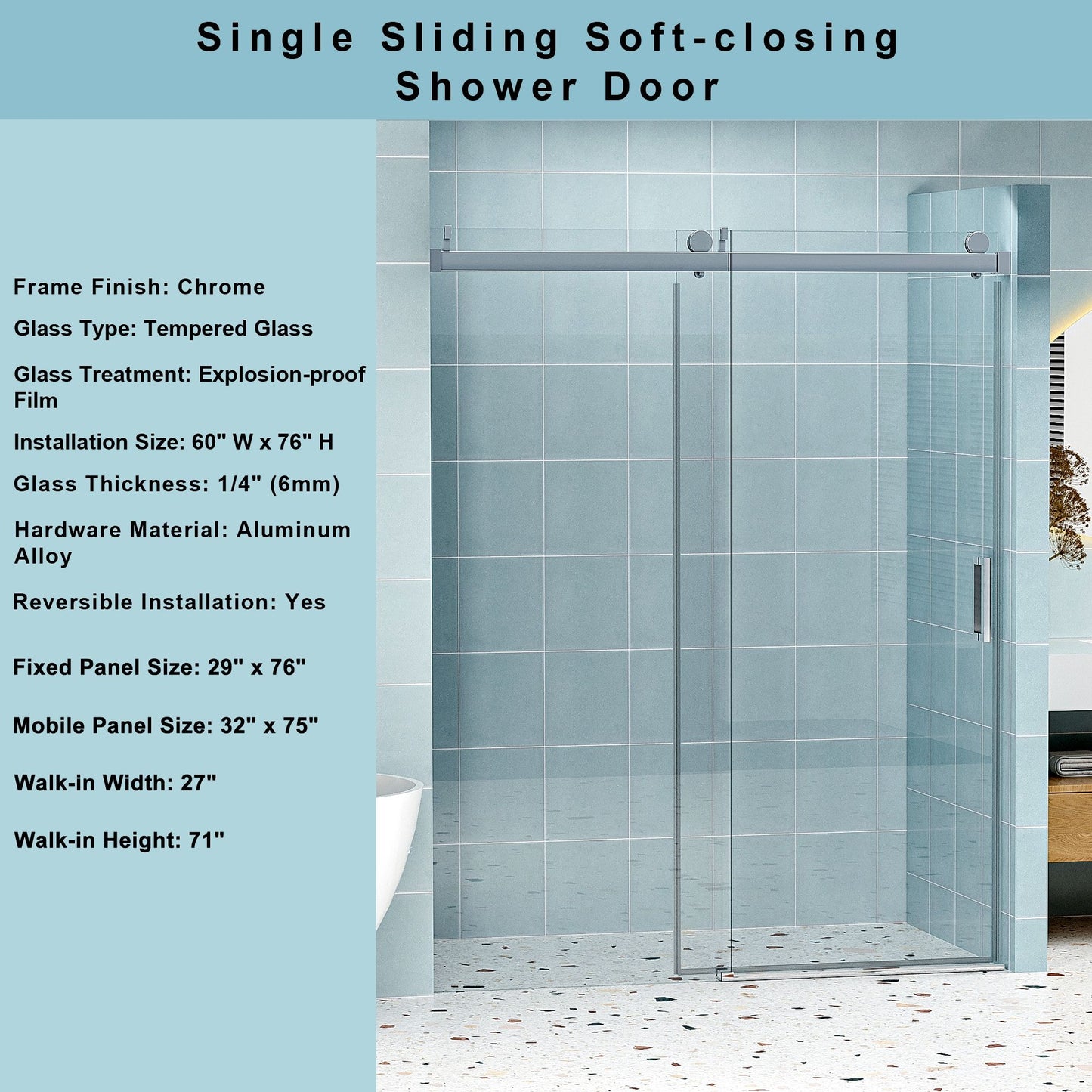 Frameless Soft-Closing Shower Door, 1/4" (6 Mm) Tempered Glass Single Sliding With Explosion Proof Coating