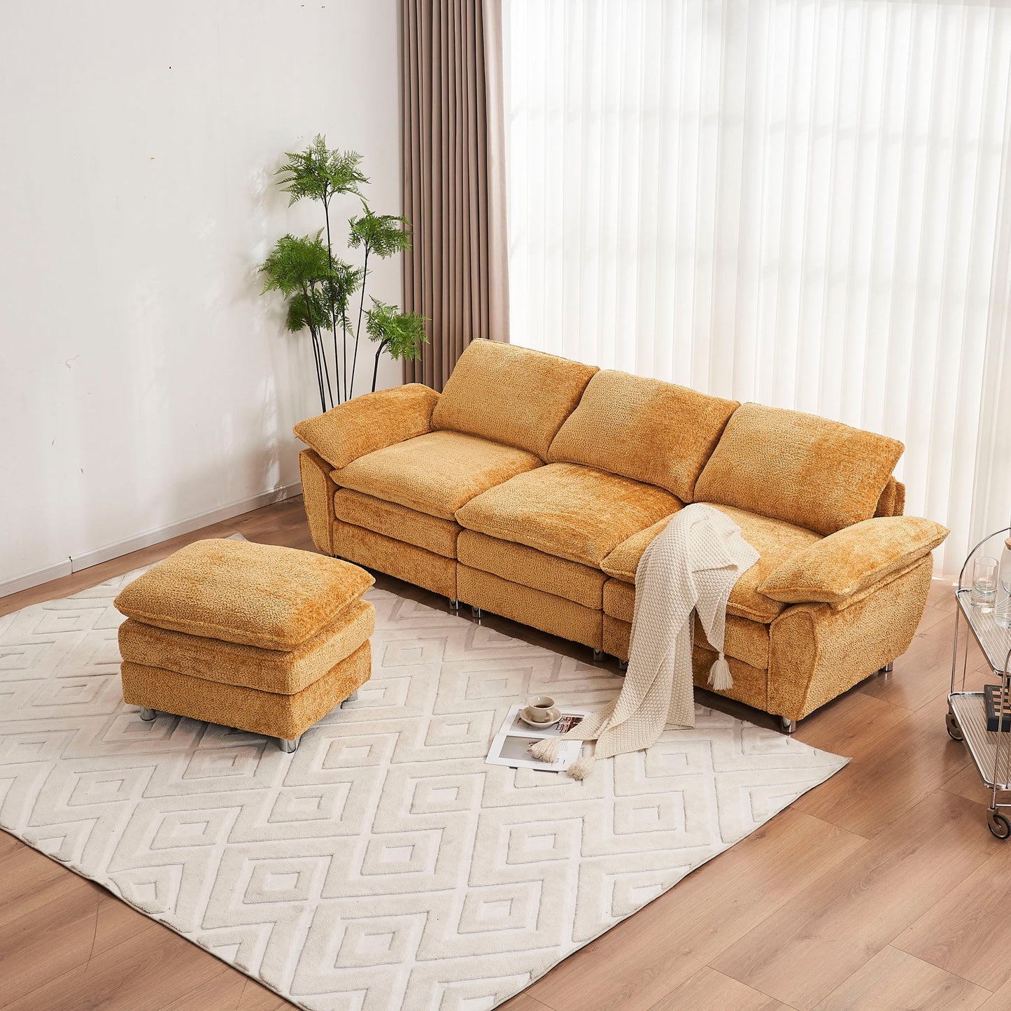 Modern Deep 3 Seat Sofa Couch With Ottoman, Comfy Upholstered Furniture