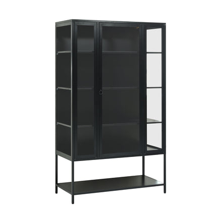 Modern Steel Display Cabinet With LED Lights And Glass Door For Home Or Workspace - Black