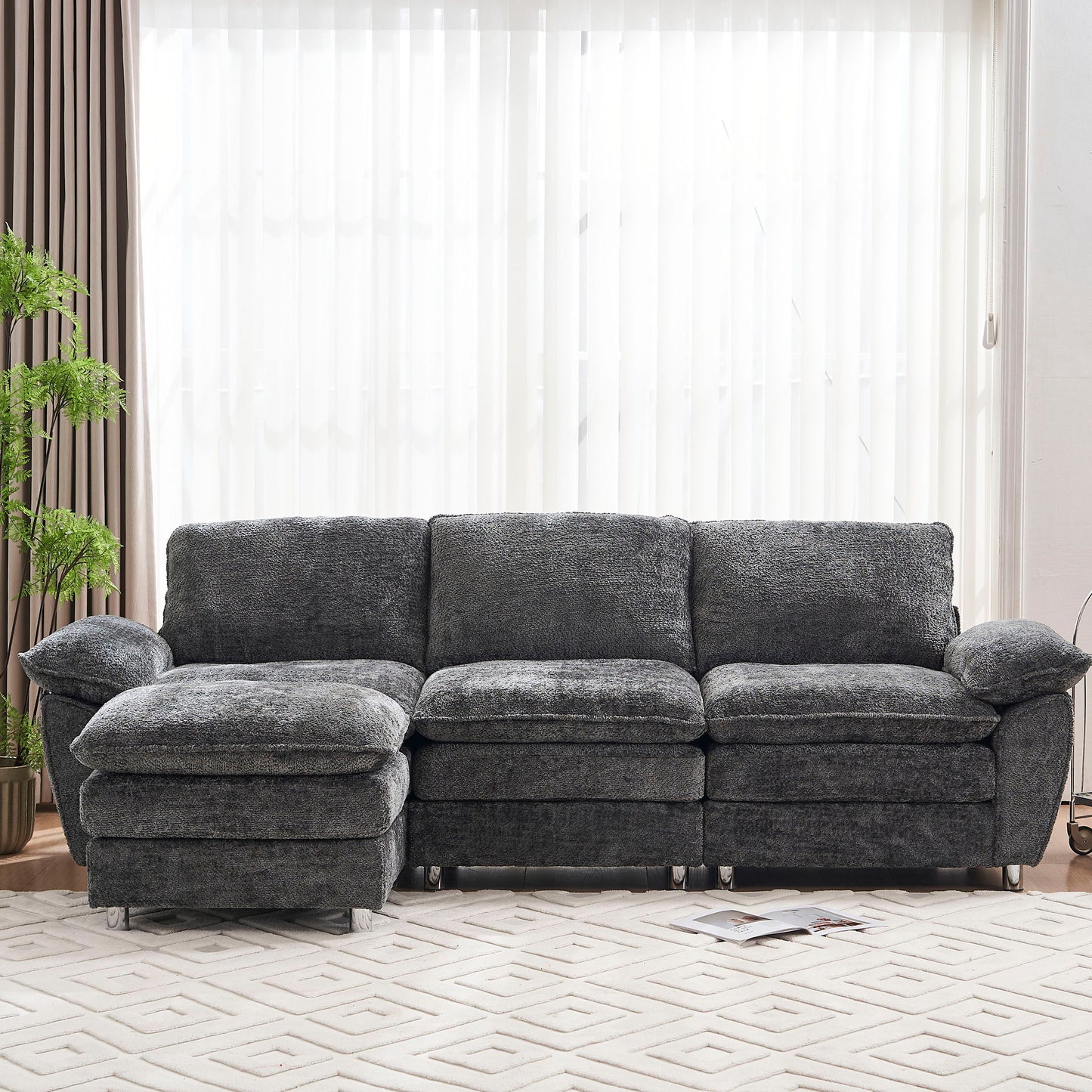 Modern Deep 3 Seat Sofa Couch With Ottoman, Comfy Upholstered Furniture