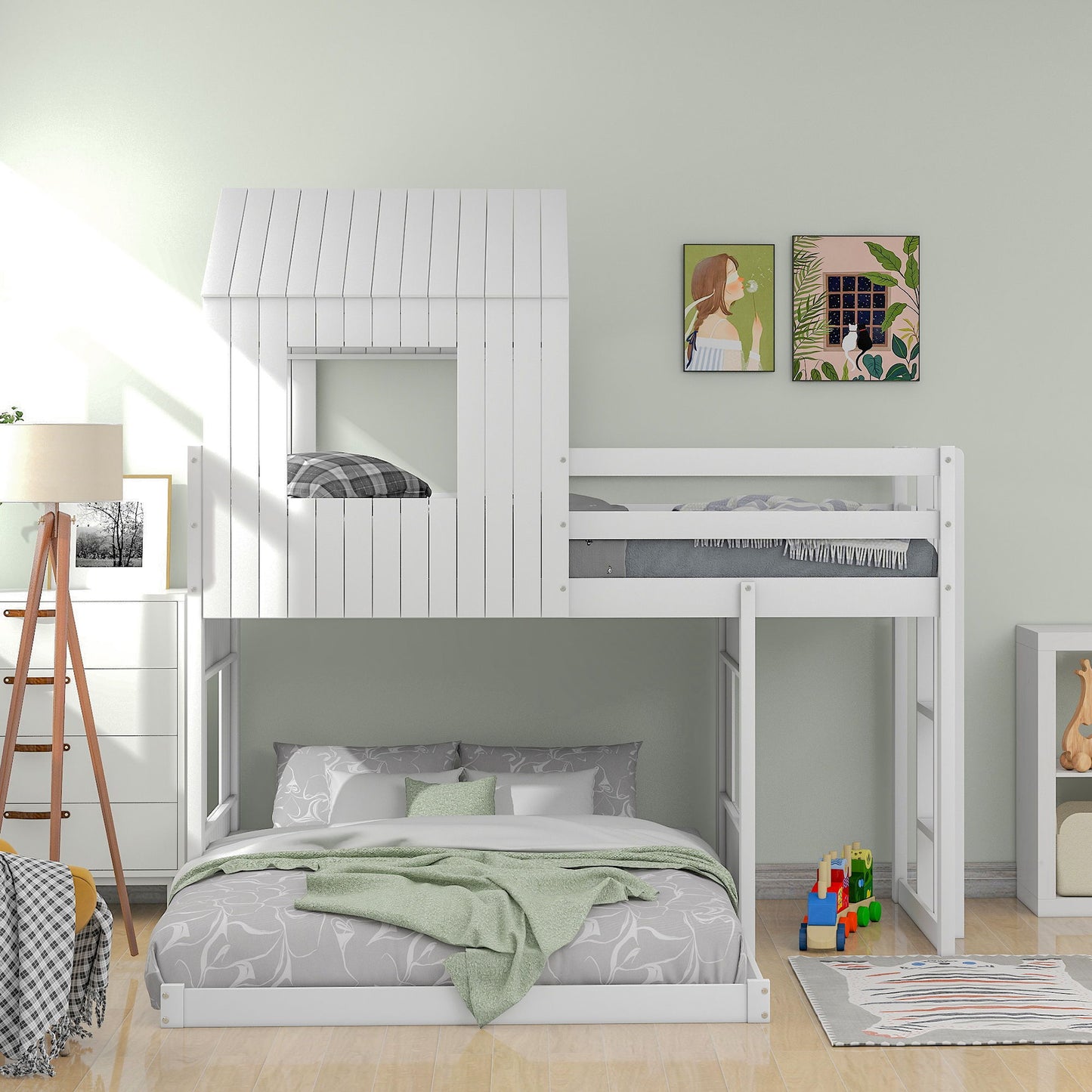 Twin Over Full Bunk Bed, With Playhouse, Farmhouse, Ladder And Guardrails - White