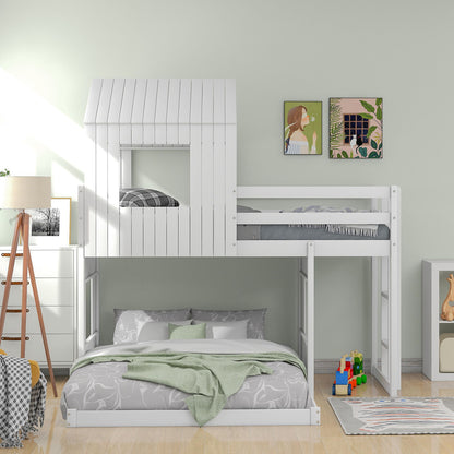Twin Over Full Bunk Bed, With Playhouse, Farmhouse, Ladder And Guardrails - White