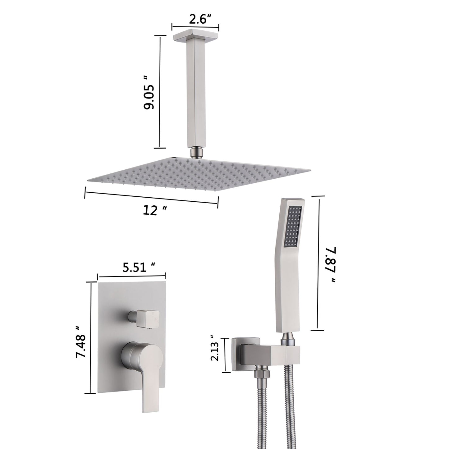 Luxury 12" Ceiling Mount Rainfall Shower System With Brass And Stainless Steel - Brushed Nickel