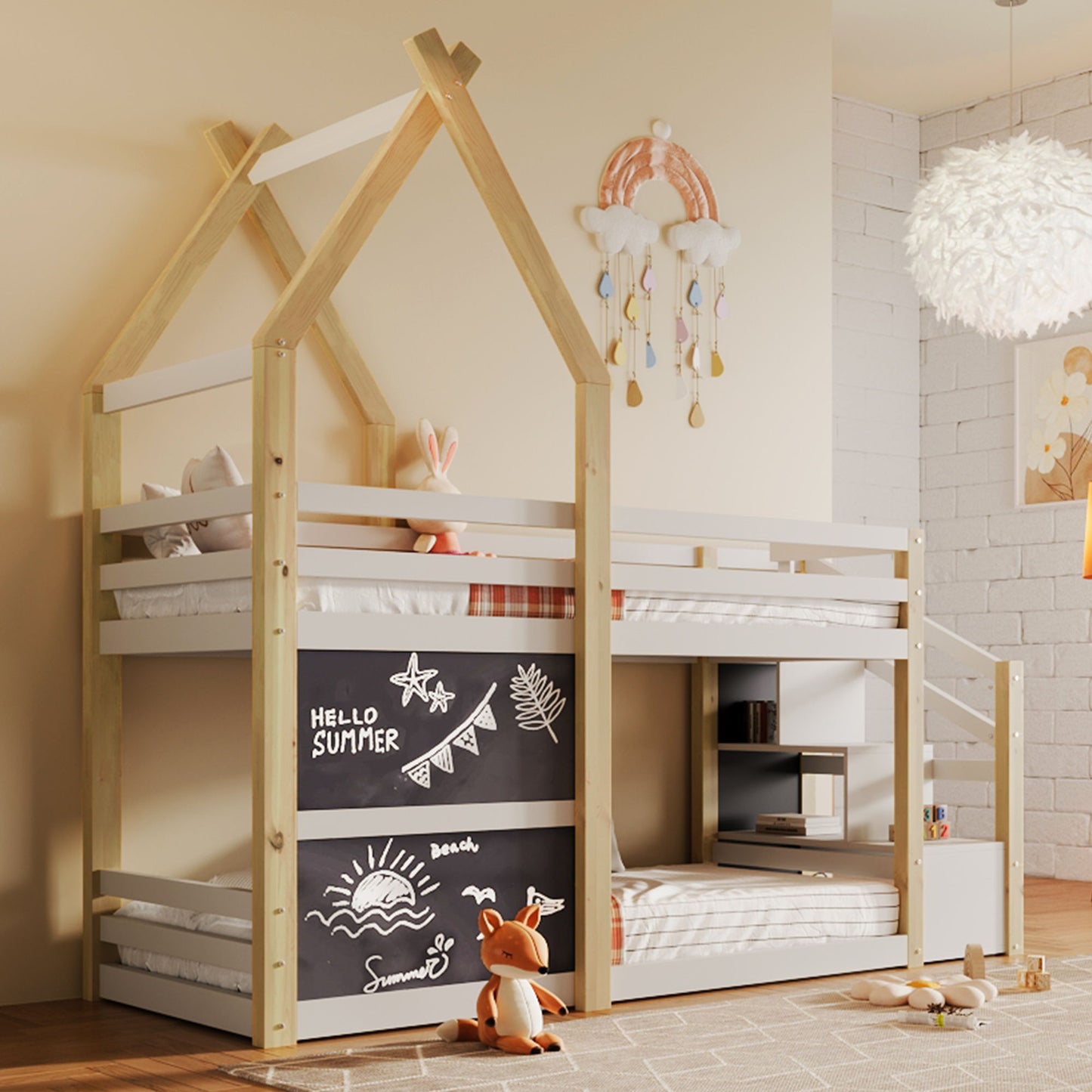 Twin Over Twin House Bunk Bed With White Storage Staircase And 2 Blackboards - White / Natural