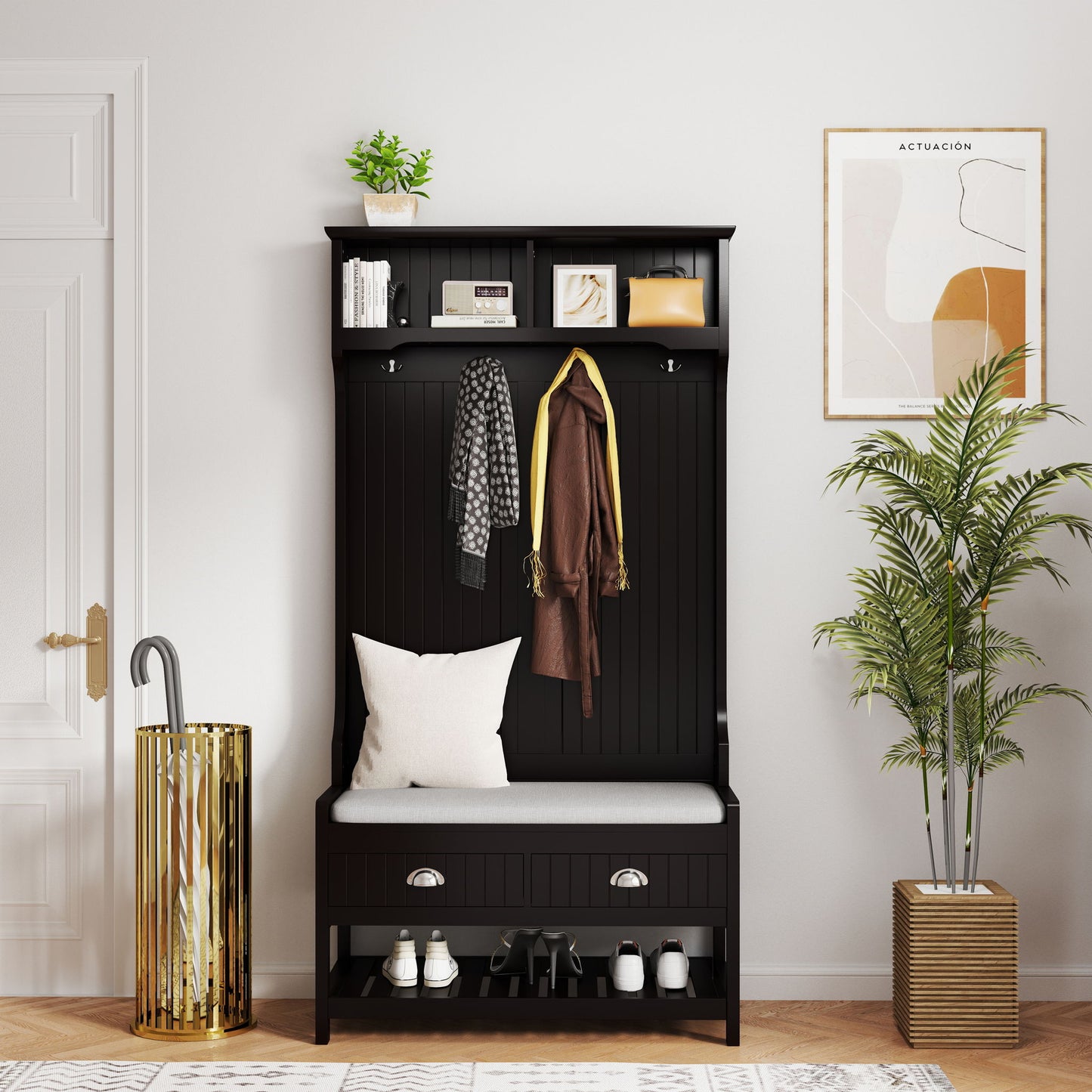 Modern 3 In 1 Hallway Hall Tree With Storage Drawers, Coat Rack, Shoe Rack Bench And Cushion