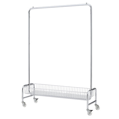 Heavy Duty Iron Garment Rack With Basket On Wheels - Silver