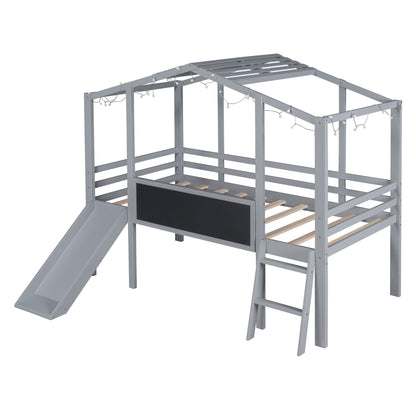 Loft House Bed With Ladder And Slide, With Blackboard And Light Strip On The Roof